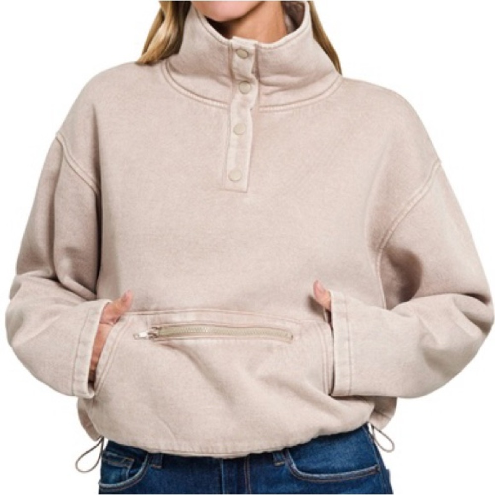 Acid Wash Fleece Half Snap Pullover | Ash Mocha